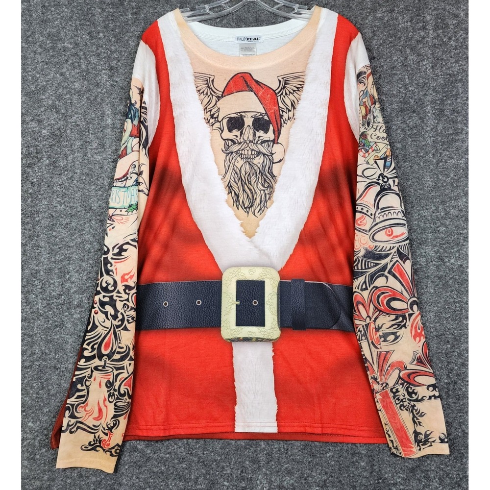 Faux Real Tattoo Sleeve Santa Shirt Mens XLBT Red Skull Graphic Ugly Christmas